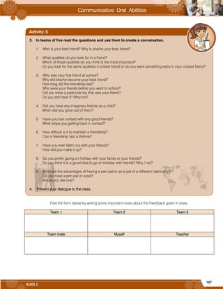 107
BLOCK 3
Feel the form below by writing some important notes about the Feedback given in class.
Team 1 Team 2 Team 3
Team mate Myself Teacher
3. In teams of five read the questions and use them to create a conversation.
1. Who is your best friend? Why is she/he your best friend?
2. What qualities do you look for in a friend?
Which of these qualities do you think is the most important?
Do you look for the same qualities in a best friend or do you want something extra in your closest friend?
3. Who was your first friend at school?
Why did she/he become your best friend?
How long did the friendship last?
Who were your friends before you went to school?
Did you have a particular toy that was your friend?
Do you still have it? Why/not?
4. Did you have any imaginary friends as a child?
When did you grow out of them?
5. Have you lost contact with any good friends?
What stops you getting back in contact?
6. How difficult is it to maintain a friendship?
Can a friendship last a lifetime?
7. Have you ever fallen out with your friends?
How did you make it up?
8. Do you prefer going on holiday with your family or your friends?
Do you think it is a good idea to go on holiday with friends? Why / not?
9. What are the advantages of having a pen-pal or an e-pal of a different nationality?
Do you have a pen-pal or e-pal?
Would you like one?
4. Present your dialogue to the class.
Activity: 5
 