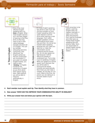 30
IMPORTANCE OF IMPROVING ORAL COMMUNICATION
4. Each member must explain each tip. Then identify what they have in common.
5. Now answer "HOW CAN YOU IMPROVE YOUR COMMUNICATIVE ABILITY IN ENGLISH?"
6. Write your answer here and share your opinion with the team.
______________________________________________________________________________________________________
______________________________________________________________________________________________________
______________________________________________________________________________________________________
______________________________________________________________________________________________________
______________________________________________________________________________________________________
______________________________________________________________________________________________________
______________________________________________________________________________________________________
4.ThinkinEnglish
•One of the most
effective English
speaking tips is to
think in English. What
most English learners
do in the early stages
of learning is that they
think of what they
have to say in their
native language,
translate and then tell
it in English. This can
be mentally
exhausting and time
consuming. And
oftentimes, the
English sentences
that are constructed
are inconsistent. If
your goal is to speak
English fluently, you
need to learn
“thinking “in English.
Construct the
sentences in English
as you think about
them before saying
them. With practice,
you will be able to
respond
automatically in
English.
5.Bemoreconfident
•All these English speaking
tips will be in vain if you are
not that confident on your
English speaking skills. It is
quite natural to commit
errors when learning a new
language. Even native
English speakers commit
grammatical errors every
now and then. Do not be too
hesitant when speaking
because this can make you
stammer or make the
conversation sound
unnatural and too forced.
But, do not also speak too
fast because it will be
difficult for people to
understand you. Try to relax
if you’re speaking in English.
When you speak at a normal
speed, you’ll discover that
you will be able to
pronounce the words
correctly and automatically.
And if ever you did make a
mistake, do not stay on it so
much. Most of the time, the
person you are talking to is
not even aware of your
errors.
6.Bepatient
•Just remember to be
patient. Learning
English does not
happen overnight. It
takes a lot of time,
effort and practice.
Don’t get too frustrated
and never give up.
Follow these English
speaking tips and
practice daily. Soon,
you would learn to
speak English fluently
as if it is your own
dialect.
 