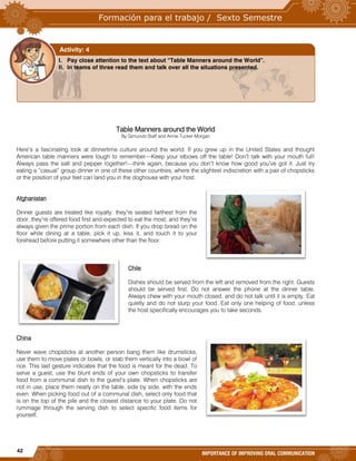 42
IMPORTANCE OF IMPROVING ORAL COMMUNICATION
Table Manners around the World
By Gimundo Staff and Annie Tucker Morgan
Here’s a fascinating look at dinnertime culture around the world. If you grew up in the United States and thought
American table manners were tough to remember—Keep your elbows off the table! Don’t talk with your mouth full!
Always pass the salt and pepper together!—think again, because you don’t know how good you’ve got it. Just try
eating a “casual” group dinner in one of these other countries, where the slightest indiscretion with a pair of chopsticks
or the position of your feet can land you in the doghouse with your host.
Afghanistan
Dinner guests are treated like royalty: they’re seated farthest from the
door, they’re offered food first and expected to eat the most, and they’re
always given the prime portion from each dish. If you drop bread on the
floor while dining at a table, pick it up, kiss it, and touch it to your
forehead before putting it somewhere other than the floor.
Chile
Dishes should be served from the left and removed from the right. Guests
should be served first. Do not answer the phone at the dinner table.
Always chew with your mouth closed, and do not talk until it is empty. Eat
quietly and do not slurp your food. Eat only one helping of food, unless
the host specifically encourages you to take seconds.
China
Never wave chopsticks at another person bang them like drumsticks,
use them to move plates or bowls, or stab them vertically into a bowl of
rice. This last gesture indicates that the food is meant for the dead. To
serve a guest, use the blunt ends of your own chopsticks to transfer
food from a communal dish to the guest’s plate. When chopsticks are
not in use, place them neatly on the table, side by side, with the ends
even. When picking food out of a communal dish, select only food that
is on the top of the pile and the closest distance to your plate. Do not
rummage through the serving dish to select specific food items for
yourself.
I. Pay close attention to the text about “Table Manners around the World”.
II. In teams of three read them and talk over all the situations presented.
Activity: 4
 