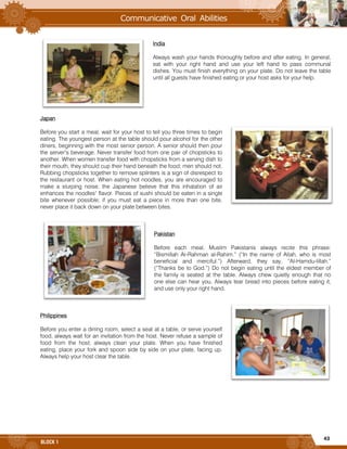 43
BLOCK 1
India
Always wash your hands thoroughly before and after eating. In general,
eat with your right hand and use your left hand to pass communal
dishes. You must finish everything on your plate. Do not leave the table
until all guests have finished eating or your host asks for your help.
Japan
Before you start a meal, wait for your host to tell you three times to begin
eating. The youngest person at the table should pour alcohol for the other
diners, beginning with the most senior person. A senior should then pour
the server’s beverage. Never transfer food from one pair of chopsticks to
another. When women transfer food with chopsticks from a serving dish to
their mouth, they should cup their hand beneath the food; men should not.
Rubbing chopsticks together to remove splinters is a sign of disrespect to
the restaurant or host. When eating hot noodles, you are encouraged to
make a slurping noise; the Japanese believe that this inhalation of air
enhances the noodles’ flavor. Pieces of sushi should be eaten in a single
bite whenever possible; if you must eat a piece in more than one bite,
never place it back down on your plate between bites.
Pakistan
Before each meal, Muslim Pakistanis always recite this phrase:
“Bismillah Ar-Rahman al-Rahim.” (“In the name of Allah, who is most
beneficial and merciful.”) Afterward, they say, “Al-Hamdu-lillah.”
(“Thanks be to God.”) Do not begin eating until the eldest member of
the family is seated at the table. Always chew quietly enough that no
one else can hear you. Always tear bread into pieces before eating it,
and use only your right hand.
Philippines
Before you enter a dining room, select a seat at a table, or serve yourself
food, always wait for an invitation from the host. Never refuse a sample of
food from the host; always clean your plate. When you have finished
eating, place your fork and spoon side by side on your plate, facing up.
Always help your host clear the table.
 