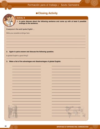 46
IMPORTANCE OF IMPROVING ORAL COMMUNICATION
Closing Activity
1. In pairs discuss about the following sentence and come up with at least 5 possible
endings to the sentence.
If everyone in the world spoke English …
Write your possible endings here:
_________________________________________________________________________________________________
_________________________________________________________________________________________________
_________________________________________________________________________________________________
_________________________________________________________________________________________________
_________________________________________________________________________________________________
2. Again in pairs answer and discuss the following question.
Is global English a good thing?
_________________________________________________________________________________________________
3. Make a list of the advantages and disadvantages of global English.
___________________________________ ___________________________________
___________________________________ ___________________________________
___________________________________ ___________________________________
___________________________________ ___________________________________
___________________________________ ___________________________________
___________________________________ ___________________________________
___________________________________ ___________________________________
___________________________________ ___________________________________
___________________________________ ___________________________________
___________________________________ ___________________________________
___________________________________ ___________________________________
___________________________________ ___________________________________
___________________________________ ___________________________________
___________________________________ ___________________________________
___________________________________ ___________________________________
___________________________________ ___________________________________
___________________________________ ___________________________________
___________________________________ ___________________________________
Activity: 6
 