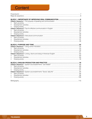 5PRELIMINARES
Presentación .........................................................................................................................................................7
Mapa de asignatura..............................................................................................................................................8
BLOCK 1: IMPORTANCE OF IMPROVING ORAL COMMUNICATION..................................................9
Didactic Sequence 1: The purpose of speaking and communication ..............................................................10
• Start up activity............................................................................................................................................10
• Development activities................................................................................................................................12
• Closing activity ............................................................................................................................................18
Didactic Sequence 2: Tips for effective communication in English...................................................................20
• Start up activity............................................................................................................................................20
• Development activities................................................................................................................................21
• Closing activity............................................................................................................................................29
Didactic Sequence 2: Intercultural communication ...........................................................................................32
• Start up activity............................................................................................................................................32
• Development activities................................................................................................................................37
• Closing activity ............................................................................................................................................46
BLOCK 2: PURPOSE AND TONE.........................................................................................................53
Didactic Sequence 1: Using correct intonation..................................................................................................54
• Start up activity............................................................................................................................................54
• Development activities................................................................................................................................56
• Closing activity ............................................................................................................................................61
Didactic Sequence 2: Linking, idioms and slang in American English .............................................................63
• Start up activity............................................................................................................................................63
• Development activities................................................................................................................................64
• Closing activity ............................................................................................................................................76
BLOCK 3: ENGLISH PRODUCTION AND PRACTICE .........................................................................79
Didactic Sequence 1: Spoken accomplishments “Job-related” .......................................................................80
• Start up activity............................................................................................................................................80
• Development activities................................................................................................................................82
• Closing activity ............................................................................................................................................91
Didactic Sequence 2: Spoken accomplishments “Social, daily life”.................................................................94
• Start up activity............................................................................................................................................94
• Development activities................................................................................................................................96
• Closing activity ..........................................................................................................................................106
Bibliography ......................................................................................................................................................110
Content
 