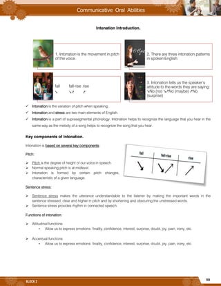 59
BLOCK 2
Intonation Introduction.
 Intonation is the variation of pitch when speaking.
 Intonation and stress are two main elements of English.
 Intonation is a part of suprasegmental phonology. Intonation helps to recognize the language that you hear in the
same way as the melody of a song helps to recognize the song that you hear.
Key components of Intonation.
Intonation is based on several key components:
Pitch:
 Pitch is the degree of height of our voice in speech.
 Normal speaking pitch is at midlevel.
 Intonation is formed by certain pitch changes,
characteristic of a given language.
Sentence stress:
 Sentence stress makes the utterance understandable to the listener by making the important words in the
sentence stressed, clear and higher in pitch and by shortening and obscuring the unstressed words.
 Sentence stress provides rhythm in connected speech.
Functions of intonation:
 Attitudinal functions
• Allow us to express emotions: finality, confidence, interest, surprise, doubt, joy, pain, irony, etc.
 Accentual functions
• Allow us to express emotions: finality, confidence, interest, surprise, doubt, joy, pain, irony, etc.
1. Intonation is the movement in pitch
of the voice.
2. There are three intonation patterns
in spoken English:
fall fall-rise rise
↘ ↘↗ ↗
3. Intonation tells us the speaker’s
attitude to the words they are saying:
↘No (no) ↘↗No (maybe) ↗No
(surprise)
 