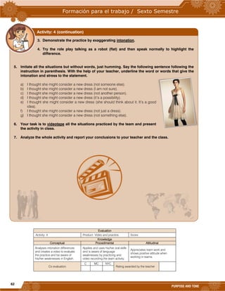 62
PURPOSE AND TONE
Evaluation
Activity: 4 Product: Video and practice. Score:
Knowledge
Conceptual Procedimental Attitudinal
Analyses intonation differences
and creates a video to evaluate
the practice and be aware of
his/her weaknesses in English.
Applies and uses his/her oral skills
and is aware of language
weaknesses by practicing and
video recording the team activity.
Appreciates team work and
shows positive attitude when
working in teams.
Co evaluation
C MC NYC
Rating awarded by the teacher
3. Demonstrate the practice by exaggerating intonation.
4. Try the role play talking as a robot (flat) and then speak normally to highlight the
difference.
5. Imitate all the situations but without words, just humming. Say the following sentence following the
instruction in parenthesis. With the help of your teacher, underline the word or words that give the
intonation and stress to the statement.
a) I thought she might consider a new dress (not someone else).
b) I thought she might consider a new dress (I am not sure).
c) I thought she might consider a new dress (not another person).
d) I thought she might consider a new dress (it’s a possibility).
e) I thought she might consider a new dress (she should think about it. It’s a good
idea).
f) I thought she might consider a new dress (not just a dress).
g) I thought she might consider a new dress (not something else).
6. Your task is to videotape all the situations practiced by the team and present
the activity in class.
7. Analyze the whole activity and report your conclusions to your teacher and the class.
Activity: 4 (continuation)
 