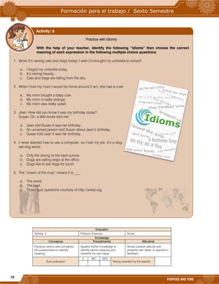 70
PURPOSE AND TONE
Evaluation
Activity: 5 Product: Exercise. Score:
Knowledge
Conceptual Procedimental Attitudinal
Practices idioms and completes
the questionnaire to identify
meaning.
Applies his/her knowledge to
identify idioms meaning and
presents his own ideas.
Shows positive attitude and
presents own ideas. Is opened to
feedback.
Auto evaluation
C MC NYC
Rating awarded by the teacher
Practice with Idioms
With the help of your teacher, identify the following “idioms” then choose the correct
meaning of each expression in the following multiple choice questions.
1. Wow! It’s raining cats and dogs today! I wish I’d brought my umbrella to school!
a. I forgot my umbrella today.
b. It’s raining heavily.
c. Cats and dogs are falling from the sky.
2. When I told my mom I would be home around 2 am, she had a cow!
a. My mom bought a baby cow.
b. My mom is really strange.
c. My mom was really upset.
3. Jean: How did you know it was my birthday today?
Susan: Oh, a little birdie told me!
a. Jean told Susan it was her birthday.
b. An unnamed person told Susan about Jean’s birthday.
c. Susan told Jean it was her birthday.
4. I never learned how to use a computer, so I lost my job. It’s a dog-
eat-dog world.
a. Only the strong or the best survive.
b. Dogs are eating dogs at the office.
c. Dogs like to eat dogs for lunch.
5. The “cream of the crop” means it is ___.
a. The worst.
b. The best.
c. These quiz questions courtesy of http://a4esl.org
Activity: 5
 