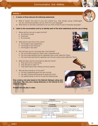 73
BLOCK 2
Evaluation
Activity: 7
Product: Role play and listening
Exercise.
Score:
Knowledge
Conceptual Procedimental Attitudinal
Practices idioms when listening to
the dialogue and gives the correct
meaning.
Applies his/her knowledge to
identify idioms meaning when
listening the conversation and
gives his own ideas.
Shows positive attitude and
presents own ideas. Is opened to
feedback.
Auto evaluation
C MC NYC
Rating awarded by the teacher
1. In teams of three discuss the following statements:
a) What is “slang?” who uses it in your own culture? (e.g., male, female, young, middle-aged,
old, etc.) and what examples can you think of in your language?
b) What idioms or idiomatic expressions can you think of that are part of everyday language?
2. Listen to the conversation and try to identify each of the short statements and the use of slang.
1. Where did the man go to watch the flick?
a. At a friend’s house
b. Downtown
c. At a local bar
2. What did the man think of the movie?
a. He thought it was outstanding.
b. He thought it was ridiculous.
c. He thought it was weird
3. Why did Dave say his roommate was a real airhead?
a. His roommate thought the Titanic was a Japanese boat.
b. His roommate believed that the Japanese sank a ship called the Titanic.
c. His roommate said that the Japanese won the war using a boat called the Titanic.
4. What did Dave and his roommate do after the movie?
a. They went out for a few drinks.
b. They decided to watch TV.
c. They talked about their hobbies and their parents.
5. Why did Dave decide to hit the sack?
a. He had a basketball game the next morning.
b. He wasn’t feeling well because he drank too much.
c. He needed plenty of rest for his test the following day.
Now create a role play based on the listened dialogue using your
own ideas. You may use a slang dictionary or the internet to find
ideas for the play.
Present the role play in class.
Activity: 7
 