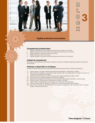 Time assigned: 15 hours
Competencias profesionales:
1. Realiza comprensiones oral y auditiva de diversos tipos de texto en otro idioma.
2. Realiza comprensión escrita y de lectura de diversos tipos de texto en otro idioma.
3. Realiza expresión o producción oral en otro idioma.
4. Realiza interacción oral en otro idioma.
5. Realiza expresión o producción escrita de diversos tipos de texto en otro idioma.
Unidad de competencia:
Desarrolla su capacidad para comunicarse y expresar sus ideas con claridad y objetividad utilizando el idioma de
forma sencilla.
Atributos a desarrollar en el bloque:
Durante el presente bloque se busca desarrollar los siguientes atributos de las competencias genéricas:
4.1 Expresa ideas y conceptos mediante representaciones lingüísticas, matemáticas o gráficas.
4.2 Aplica distintas estrategias comunicativas según quienes sean sus interlocutores, el contexto en el que se
encuentra y los objetivos que persigue.
4.3 Identifica las ideas claves en un texto o discurso oral e infiere conclusiones a partir de ellas.
4.4 Se comunica en una segunda lengua en situaciones cotidianas.
4.5 Maneja las tecnologías de la información y la comunicación para obtener información y expresar ideas.
6.4 Estructura ideas y argumentos de manera clara, coherente y sintética.
7.1 Define metas y da seguimiento a sus procesos de construcción de conocimiento.
8.2 Aporta puntos de vista con apertura y considera los de otras personas de manera reflexiva.
10.3 Asume que el respeto de las diferencias es el principio de integración y de convivencia de los contextos
locales, nacional e internacional.
English production and practice.
 