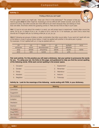 15
BLOCK 1













 




























Finding a Word you can’t spell
If I can’t spell a word, you might ask, “How can I find it in the dictionary?” The answer is that you
have to guess what the letter might be. Guessing is not too difficult with certain sounds, such as the
sound of b and p. But other sounds are more difficult to pin down because they can belong to more
than one letter. And that’s where the guessing comes in. Here are two hints to help in such case:
Hint 1: If you’re not sure about the vowels in a word, you will simply have to experiment. Vowels often sound the
same. So try an i in place of an a, an i in place of an e, and so on. If, for example, you don’t find a word that
sounds as if it begins with pa, try looking under pe, pi, po, pu, py.
Hint 2: Following are groups of letters or letter combination that often sound alike. If your word isn’t spell with one
of the letters in a pair or group shown below, it might be spelled with another in the same pair or group.
For example, if it isn’t spelled with a k, it may be spelled with a c.
c/k c/s f/v/ph g/j qu/kw/k s/c/z
sch/sc/sk sh/ch shun/tion/sion w/wh able/ible
ai/ay al/el/le ancy/ency ate/ite au/aw ea/ee
er/or ie/ei ou/ow oo/u y/i/e
Pair work activity. For this practice you will need a dictionary. Ask your partner to pronounce the words
for you. Try using your ear, the hints on this page, and guideword to help you find the correct spelling
of the following words. Write each correct spelling in the answer space.
1. Occazion ___________________________
2. Dicided ___________________________
3. Dooty ___________________________
4. Aksident ___________________________
5. Nieghbor ___________________________
1. Experament _______________________
2. Rimember _______________________
3. Attenshun _______________________
4. Awtumn _______________________
5. Fotocopy _______________________
Activity 3a. Look for the meanings of the following words ending with TION, in your dictionary.
Word Meaning
Conviction
Suggestion
Demonstration
Invitation
Hesitation
Intention
Meditation
Imagination
Recollection
Attention
Activity: 3
 