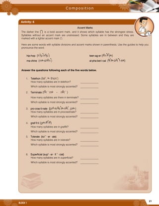 21
BLOCK 1
Accent Marks
The darker line (’) is a bold accent mark, and it shows which syllable has the strongest stress.
Syllables without an accent mark are unstressed. Some syllables are in between and they are
marked with a lighter accent mark (‘).
Here are some words with syllable divisions and accent marks shown in parenthesis. Use the guides to help you
pronounce the word.
hip-hop (h p h p ) teen·ag·er (t n j r)
ma·chine (m -sh n ) al·pha·bet·i·cal ( l f -b t -k l)
Answer the questions following each of the five words below.
1. Telethon (tel’. - thon’)
How many syllables are in telethon? ______________
Which syllable is most strongly accented? ______________
2. Terminate (t r ’ m - n t ’ )
How many syllables are there in terminate? ______________
Which syllable is most strongly accented? ______________
3. pro·cras·ti·nate (pr -kr s t -n t , pr -)
How many syllables are in procrastinate? ______________
Which syllable is most strongly accented? ______________
4. graf·fi·ti (gr -f t )
How many syllables are in graffiti? ______________
Which syllable is most strongly accented? ______________
5. Tolerate (tol ' · er · ate)
How many syllables are in tolerate? ______________
Which syllable is most strongly accented? ______________
6. Superficial (sup' · er · fi ' · cial)
How many syllables are in superficial? ______________
Which syllable is most strongly accented? ______________
Activity: 6
 