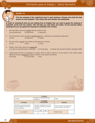 42
USING WORDS EFFECTIVELY
Evaluation
Activity: 1
Product: Guessing Meanings
exercises.
Value:
Knowledge
Conceptual Procedimental Attitudinal
Identifies and guesses words
from vocabulary in context to
answer questions.
Practices vocabulary to find the
meanings, choose and answer
questions.
Shows initiative and openness
when starting a new theme.
Co-evaluation
C MC NC
Obtained value
Find the meaning of the underlined word in each sentence. Choose and circle the best
answer for each question. Then check with your teacher and classmates.
In order to understand what you are reading from an English text, you need to guess the meaning of
unfamiliar words from the context. This will help you read faster and easier. Do the exercise before
studying how you can guess the meaning of vocabulary from context.
1. She had often come into conflict with her mother-in-law.
a) announcement b) attainment c) argument
2. The old woman’s blunt questions embarrassed her, making her momentarily tongue-tied.
a) emit b) ashamed c) loathe
3. We just need a couple more chairs so everyone can sit down.
a) one b) two c) three
4. Please, Uncle Jack, give me a piggyback!
a) A ride on someone back or shoulder b) A small bag c) People who arrived to settle in Bangkok 2000
5. Ladda does not like to eat papaya or carrots, which is high in vitamin A, so she lacks it. Her mother keeps
telling her that an inadequate supply of vitamin A can lead to blindness.
a) too big b) not enough c) full
Activity: 1b
 