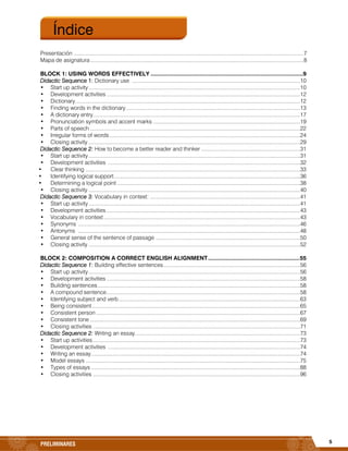 5PRELIMINARES
Presentación .........................................................................................................................................................7
Mapa de asignatura..............................................................................................................................................8
BLOCK 1: USING WORDS EFFECTIVELY .............................................................................................9
Didactic Sequence 1: Dictionary use ................................................................................................................10
• Start up activity.............................................................................................................................................10
• Development activities .................................................................................................................................12
• Dictionary......................................................................................................................................................12
• Finding words in the dictionary....................................................................................................................13
• A dictionary entry..........................................................................................................................................17
• Pronunciation symbols and accent marks ..................................................................................................19
• Parts of speech ............................................................................................................................................22
• Irregular forms of words...............................................................................................................................24
• Closing activity .............................................................................................................................................29
Didactic Sequence 2: How to become a better reader and thinker ..................................................................31
• Start up activity.............................................................................................................................................31
• Development activities ................................................................................................................................32
• Clear thinking ...............................................................................................................................................33
• Identifying logical support............................................................................................................................36
• Determining a logical point ..........................................................................................................................38
• Closing activity .............................................................................................................................................40
Didactic Sequence 3: Vocabulary in context: ....................................................................................................41
• Start up activity.............................................................................................................................................41
• Development activities .................................................................................................................................43
• Vocabulary in context...................................................................................................................................43
• Synonyms ....................................................................................................................................................46
• Antonyms ....................................................................................................................................................48
• General sense of the sentence of passage ................................................................................................50
• Closing activity .............................................................................................................................................52
BLOCK 2: COMPOSITION A CORRECT ENGLISH ALIGNMENT........................................................55
Didactic Sequence 1: Building effective sentences...........................................................................................56
• Start up activity.............................................................................................................................................56
• Development activities .................................................................................................................................58
• Building sentences.......................................................................................................................................58
• A compound sentence.................................................................................................................................58
• Identifying subject and verb.........................................................................................................................63
• Being consistent...........................................................................................................................................65
• Consistent person ........................................................................................................................................67
• Consistent tone ............................................................................................................................................69
• Closing activities ..........................................................................................................................................71
Didactic Sequence 2: Writing an essay..............................................................................................................73
• Start up activities..........................................................................................................................................73
• Development activities ................................................................................................................................74
• Writing an essay...........................................................................................................................................74
• Model essays ...............................................................................................................................................75
• Types of essays ...........................................................................................................................................88
• Closing activities ..........................................................................................................................................96
Índice
 