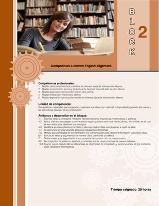 Tiempo asignado: 20 horas
Composition a correct English alignment.
Competencias profesionales:
1. Realiza comprensiones oral y auditiva de diversos tipos de texto en otro idioma.
2. Realiza comprensión escrita y de lectura de diversos tipos de texto en otro idioma.
3. Realiza expresión o producción oral en otro idioma.
4. Realiza interacción oral en otro idioma.
5. Realiza expresión o producción escrita de diversos tipos de texto en otro idioma.
Unidad de competencia:
Desarrolla su capacidad para organizar y expresar sus ideas con claridad y objetividad siguiendo los pasos y
las estructuras básicas de la composición.
Atributos a desarrollar en el bloque:
4.1. Expresa ideas y conceptos mediante representaciones lingüísticas, matemáticas o gráficas.
4.2. Aplica distintas estrategias comunicativas según quienes sean sus interlocutores, el contexto en el que
se encuentra y los objetivos que persigue.
4.3. Identifica las ideas claves en un texto o discurso oral e infiere conclusiones a partir de ellas.
4.4. Se comunica en una segunda lengua en situaciones cotidianas.
4.5. Maneja las tecnologías de la información y la comunicación para obtener información y expresar ideas.
6.4. Estructura ideas y argumentos de manera clara, coherente y sintética.
7.1. Define metas y da seguimiento a sus procesos de construcción de conocimiento.
8.2. Aporta puntos de vista con apertura y considera los de otras personas de manera reflexiva.
10.3. Asume que el respeto de las diferencias es el principio de integración y de convivencia en los contextos
local, nacional e internacional.
 