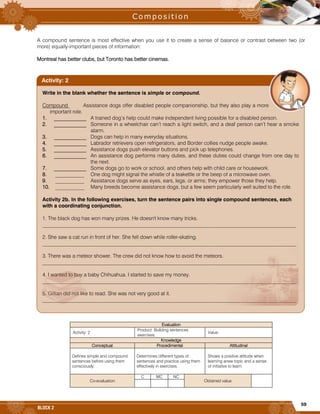 59
BLOCK 2
A compound sentence is most effective when you use it to create a sense of balance or contrast between two (or
more) equally-important pieces of information:
Montreal has better clubs, but Toronto has better cinemas.

 Evaluation
Activity: 2
Product: Building sentences
exercises.
Value:
Knowledge
Conceptual Procedimental Attitudinal
Defines simple and compound
sentences before using them
consciously.
Determines different types of
sentences and practice using them
effectively in exercises.
Shows a positive attitude when
learning anew topic and a sense
of initiative to learn.
Co-evaluation
C MC NC
Obtained value
Write in the blank whether the sentence is simple or compound.
Compound Assistance dogs offer disabled people companionship, but they also play a more
important role.
1. ____________ A trained dog’s help could make independent living possible for a disabled person.
2. ____________ Someone in a wheelchair can’t reach a light switch, and a deaf person can’t hear a smoke
alarm.
3. ____________ Dogs can help in many everyday situations.
4. ____________ Labrador retrievers open refrigerators, and Border collies nudge people awake.
5. ____________ Assistance dogs push elevator buttons and pick up telephones.
6. ____________ An assistance dog performs many duties, and these duties could change from one day to
the next.
7. ____________ Some dogs go to work or school, and others help with child care or housework.
8. ___________ One dog might signal the whistle of a teakettle or the beep of a microwave oven.
9. ___________ Assistance dogs serve as eyes, ears, legs, or arms; they empower those they help.
10. ___________ Many breeds become assistance dogs, but a few seem particularly well suited to the role.
Activity 2b. In the following exercises, turn the sentence pairs into single compound sentences, each
with a coordinating conjunction.
1. The black dog has won many prizes. He doesn't know many tricks.
_________________________________________________________________________________________________
2. She saw a cat run in front of her. She fell down while roller-skating.
_________________________________________________________________________________________________
3. There was a meteor shower. The crew did not know how to avoid the meteors.
_________________________________________________________________________________________________
4. I wanted to buy a baby Chihuahua. I started to save my money.
_________________________________________________________________________________________________
5. Gillian did not like to read. She was not very good at it.
_________________________________________________________________________________________________
Activity: 2
 