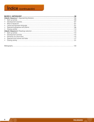 6
PRELIMINARES
BLOCK 3: ANTHOLOGY ......................................................................................................................99
Didactic Sequence 1: Approaching literature.................................................................................................. 100
• Start up activity .......................................................................................................................................... 100
• Development activities .............................................................................................................................. 101
• What is literature? ...................................................................................................................................... 101
• Literal and figurative language.................................................................................................................. 101
• Selected biographies and poems............................................................................................................. 106
• Closing activity .......................................................................................................................................... 113
Didactic Sequence 2: Readings selection....................................................................................................... 114
• Start up activity .......................................................................................................................................... 114
• Development activities ............................................................................................................................. 115
• Elements of a short story .......................................................................................................................... 115
• Selected short stories and tales ............................................................................................................... 117
• Closing activity .......................................................................................................................................... 131
Bibliography ..................................................................................................................................................... 133
Índice (continuación)
 