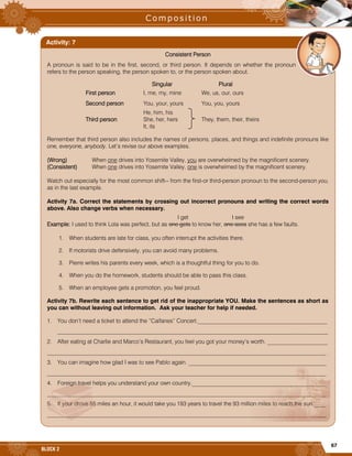 67
BLOCK 2
Consistent Person
A pronoun is said to be in the first, second, or third person. It depends on whether the pronoun
refers to the person speaking, the person spoken to, or the person spoken about.
Singular Plural
First person I, me, my, mine We, us, our, ours
Second person You, your, yours You, you, yours
Third person
He, him, his
She, her, hers
It, its
They, them, their, theirs
Remember that third person also includes the names of persons, places, and things and indefinite pronouns like
one, everyone, anybody. Let’s revise our above examples.
(Wrong) When one drives into Yosemite Valley, you are overwhelmed by the magnificent scenery.
(Consistent) When one drives into Yosemite Valley, one is overwhelmed by the magnificent scenery.
Watch out especially for the most common shift-- from the first-or third-person pronoun to the second-person you,
as in the last example.
Activity 7a. Correct the statements by crossing out incorrect pronouns and writing the correct words
above. Also change verbs when necessary.
I get I see
Example: I used to think Lola was perfect, but as one gets to know her, one sees she has a few faults.
1. When students are late for class, you often interrupt the activities there.
2. If motorists drive defensively, you can avoid many problems.
3. Pierre writes his parents every week, which is a thoughtful thing for you to do.
4. When you do the homework, students should be able to pass this class.
5. When an employee gets a promotion, you feel proud.
Activity 7b. Rewrite each sentence to get rid of the inappropriate YOU. Make the sentences as short as
you can without leaving out information. Ask your teacher for help if needed.
1. You don’t need a ticket to attend the “Caifanes” Concert._____________________________________________
______________________________________________________________________________________________
2. After eating at Charlie and Marco’s Restaurant, you feel you got your money’s worth. _____________________
_________________________________________________________________________________________________
3. You can imagine how glad I was to see Pablo again. ________________________________________________
_________________________________________________________________________________________________
4. Foreign travel helps you understand your own country._______________________________________________
_________________________________________________________________________________________________
5. If your drove 55 miles an hour, it would take you 193 years to travel the 93 million miles to reach the sun.____
_________________________________________________________________________________________________
Activity: 7
 