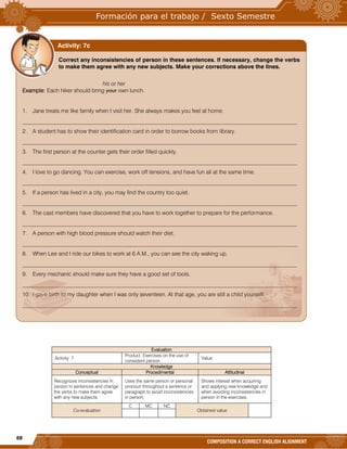 68
COMPOSITION A CORRECT ENGLISH ALIGNMENT
Evaluation
Activity: 7
Product: Exercises on the use of
consistent person.
Value:
Knowledge
Conceptual Procedimental Attitudinal
Recognizes inconsistencies in
person in sentences and change
the verbs to make them agree
with any new subjects.
Uses the same person or personal
pronoun throughout a sentence or
paragraph to avoid inconsistencies
in person.
Shows interest when acquiring
and applying new knowledge and
when avoiding inconsistencies in
person in the exercises.
Co-evaluation
C MC NC
Obtained value
}
Correct any inconsistencies of person in these sentences. If necessary, change the verbs
to make them agree with any new subjects. Make your corrections above the lines.
his or her
Example: Each hiker should bring your own lunch.
1. Jane treats me like family when I visit her. She always makes you feel at home.
_________________________________________________________________________________________________
2. A student has to show their identification card in order to borrow books from library.
_________________________________________________________________________________________________
3. The first person at the counter gets their order filled quickly.
_________________________________________________________________________________________________
4. I love to go dancing. You can exercise, work off tensions, and have fun all at the same time.
_________________________________________________________________________________________________
5. If a person has lived in a city, you may find the country too quiet.
_________________________________________________________________________________________________
6. The cast members have discovered that you have to work together to prepare for the performance.
_________________________________________________________________________________________________
7. A person with high blood pressure should watch their diet.
_________________________________________________________________________________________________
8. When Lee and I ride our bikes to work at 6 A.M., you can see the city waking up.
_________________________________________________________________________________________________
9. Every mechanic should make sure they have a good set of tools.
_________________________________________________________________________________________________
10. I gave birth to my daughter when I was only seventeen. At that age, you are still a child yourself.
_________________________________________________________________________________________________
Activity: 7c
 