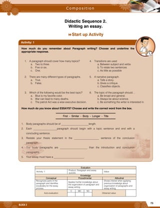 73
BLOCK 2
Didactic Sequence 2.
Writing an essay.
Start up Activity
Evaluation
Activity: 1
Product: Paragraph and essay
quizzes.
Value:
Knowledge
Conceptual Procedimental Attitudinal
Recognizes parts of the
paragraph and identifies
vocabulary for the essay
process.
Applies his/her knowledge about
the organization of paragraph and
essay writing.
Shows interest when applying
previous knowledge about
organization of paragraphs and
essay writing.
Auto-evaluation
C MC NC
Obtained value
How much do you remember about Paragraph writing? Choose and underline the
appropriate response.
1. A paragraph should cover how many topics?
a. Two to three.
b. Five or six.
c. One.
2. There are many different types of paragraphs.
a. True.
b. False.
3. Which of the following would be the best topic?
a. Blue is my favorite color.
b. War can lead to many deaths.
c. The patriot Act was a wise executive decision.
4. Transitions are used
a. Between subject and verbs
b. To relate two sentences
c. As little as possible
5. A narrative paragraph.
a. Tells a story.
b. Gives a critique.
c. Classifies objects.
6. The topic of the paragraph should…
a. Be broad and general.
b. Always be about science.
c. Be something the writer is interested in.
How much do you know about ESSAYS? Choose and write the correct word from the box.
First - Similar - Body - Longer - Title
1. Body paragraphs should be of _____________________length.
2. Each __________________paragraph should begin with a topic sentence and end with a
concluding sentence.
3. Restate your thesis statement in the ___________________ sentence of the conclusion
paragraph.
4. The body paragraphs are _____________________ than the introduction and conclusion
paragraphs.
5. Your essay must have a _______________________.
Activity: 1
 