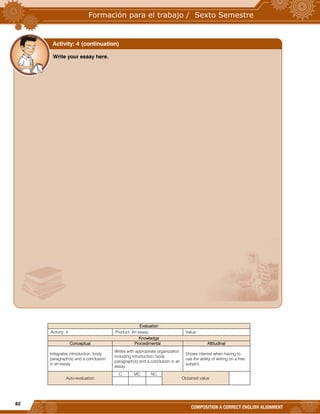 82
COMPOSITION A CORRECT ENGLISH ALIGNMENT
Evaluation
Activity: 4 Product: An essay. Value:
Knowledge
Conceptual Procedimental Attitudinal
Integrates introduction, body
paragraph(s) and a conclusion
in an essay.
Writes with appropriate organization
including introduction, body
paragraph(s) and a conclusion in an
essay.
Shows interest when having to
use the ability of writing on a free
subject.
Auto-evaluation
C MC NC
Obtained value
Write your essay here.
Activity: 4 (continuation)
 