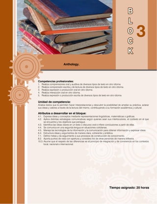 Tiempo asignado: 20 horas
Anthology.
Competencias profesionales:
1. Realiza comprensiones oral y auditiva de diversos tipos de texto en otro idioma.
2. Realiza comprensión escrita y de lectura de diversos tipos de texto en otro idioma.
3. Realiza expresión o producción oral en otro idioma.
4. Realiza interacción oral en otro idioma.
5. Realiza expresión o producción escrita de diversos tipos de texto en otro idioma.
Unidad de competencia:
Analiza textos que le permiten hacer interpretaciones y descubrir la posibilidad de ampliar su práctica, aclarar
sus ideas y valores a través de la lectura del mismo, contribuyendo a su formación académica y cultural.
Atributos a desarrollar en el bloque:
4.1. Expresa ideas y conceptos mediante representaciones lingüísticas, matemáticas o gráficas.
4.2. Aplica distintas estrategias comunicativas según quienes sean sus interlocutores, el contexto en el que
se encuentra y los objetivos que persigue.
4.3. Identifica las ideas claves en un texto o discurso oral e infiere conclusiones a partir de ellas.
4.4. Se comunica en una segunda lengua en situaciones cotidianas.
4.5. Maneja las tecnologías de la información y la comunicación para obtener información y expresar ideas.
6.4. Estructura ideas y argumentos de manera clara, coherente y sintética.
7.1. Define metas y da seguimiento a sus procesos de construcción de conocimiento.
8.2. Aporta puntos de vista con apertura y considera los de otras personas de manera reflexiva.
10.3. Asume que el respeto de las diferencias es el principio de integración y de convivencia en los contextos
local, nacional e internacional.
 
