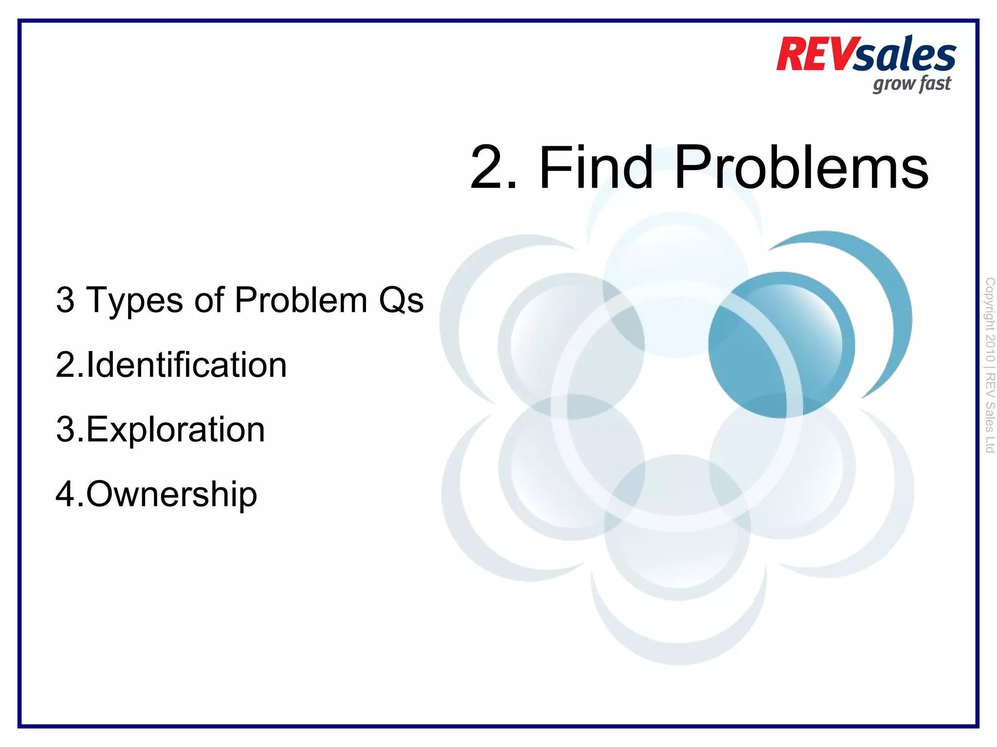 Copyright 2010 | REV Sales Ltd  2.  F ind Problems 3 Types of Problem Qs Identification  Exploration Ownership 