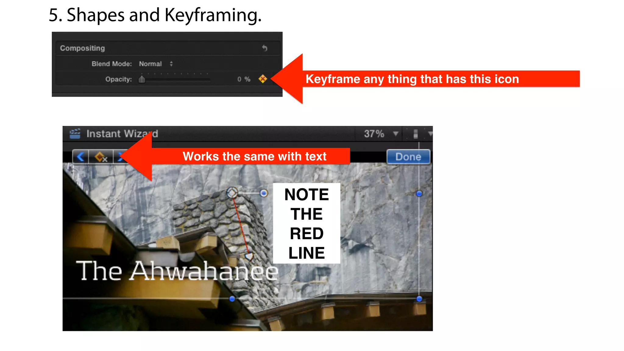 Keyframe any thing that has this icon
5. Shapes and Keyframing.
Works the same with text
NOTE!
THE
RED !
LINE
 