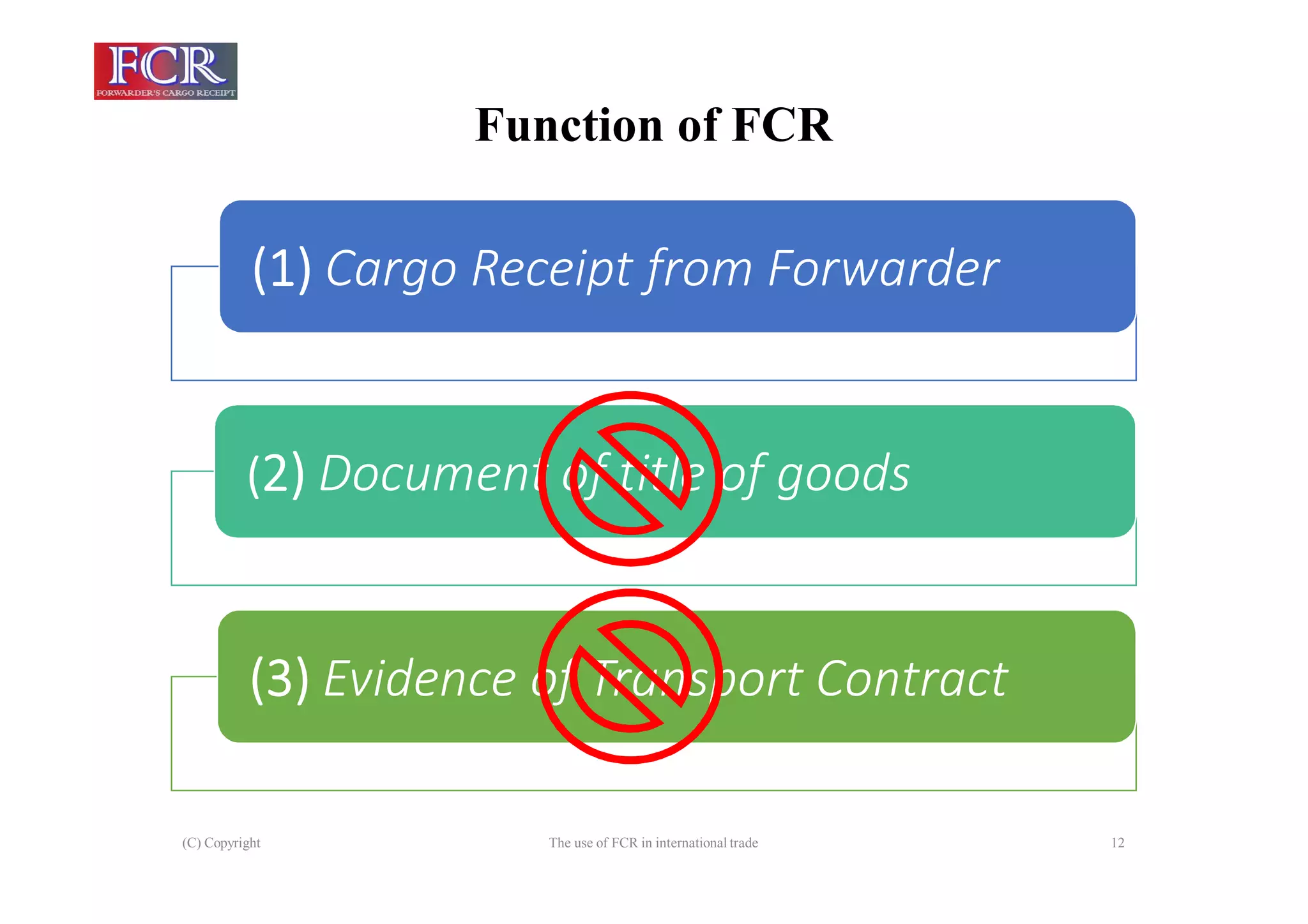 (C) Copyright The use of FCR in international trade 12
(1) Cargo Receipt from Forwarder
(2) Document of title of goods
(3) Evidence of Transport Contract
Function of FCR
 