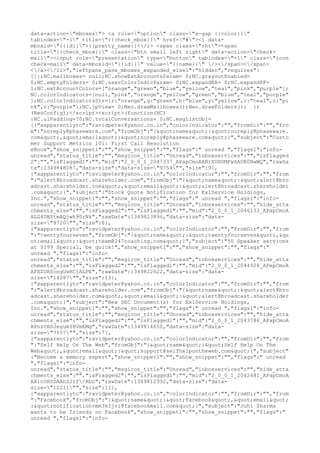 data-action="mboxes"> <a role="option" class="x-gap {{color}}"
tabindex="-1" title="{{check_mbox}}" href="#"><i data-
mboxid="{{id}}">{{pretty_name}}</i> <span class="rht"><span
title="{{check_mbox}}" class="btn small left right" data-action="check-
mail"><input role="presentation" type="button" tabindex="-1" class="icon
check-mail" data-mboxid="{{id}}" value="{{name}}" /></span></span>
</a></li>","leftpane_pane_mboxes_expanded_else1":"hidden","requires":
[]};NC.mailboxes= null;NC.showExtAccountsParam= 0;NC.grayoutEnabled=
0;NC.emptyFolders= 0;NC.userColorIndicParam= 0;NC.expandEA= 0;NC.expandPF=
1;NC.extAccountColors=["orange","green","blue","yellow","teal","pink","purple"];
NC.colorIndicators=[null,"pink","orange","yellow","green","blue","teal","purple"
];NC.colorIndicatorsStr={r:"orange",g:"green",b:"blue",y:"yellow",i:"teal",o:"pi
nk",v:"purple"};NC.jpView= 0;Neo.drawMailboxes();Neo.drawFolders(); })
(NeoConfig);</script><script>(function(NC)
{NC.ulPadding=70;NC.totalConversations= 0;NC.msgListObj=
[{"xapparentlyto":"ravidpeter@yahoo.co.in","colorIndicator":"","fromDir":"","fro
m":"noreply@phaseware.com","fromObj":"{"name":"noreply@phaseware.
com","email":"noreply@phaseware.com"}","subject":"Custo
mer Support Metrics 101: First Call Resolution
eBook","show_snippet1":"","show_snippet":"","flags":" unread ","flags1":"info-
unread","status_title":"","msgicon_title":"Unread","inboxservices":"","isFlagged
2":"","isFlagged1":"","mid":"2_0_0_1_2047337_APapCmoAANrXUHUMFwXAUR0NwWQ","rawDa
te":1349848087,"data-size":"data-size="9759"","size":9},
{"xapparentlyto":"ravidpeter@yahoo.co.in","colorIndicator":"","fromDir":"","from
":"alert@broadcast.shareholder.com","fromObj":"{"name":"alert@bro
adcast.shareholder.com","email":"alert@broadcast.shareholder
.com"}","subject":"Stock Quote Notification for ExlService Holdings,
Inc.","show_snippet1":"","show_snippet":"","flags":" unread ","flags1":"info-
unread","status_title":"","msgicon_title":"Unread","inboxservices":"","hide_atta
chments_else":"","isFlagged2":"","isFlagged1":"","mid":"2_0_0_1_2046133_APapCmoA
ALG4UHStmAQjwh90rNk","rawDate":1349823896,"data-size":"data-
size="8720"","size":8},
{"xapparentlyto":"ravidpeter@yahoo.co.in","colorIndicator":"","fromDir":"","from
":"twentyfourseven","fromObj":"{"name":"twentyfourseven",&qu
ot;email":"team@247coaching.com"}","subject":"50 Speaker services
at $199 Special, be quick!","show_snippet1":"","show_snippet":"","flags":"
unread ","flags1":"info-
unread","status_title":"","msgicon_title":"Unread","inboxservices":"","hide_atta
chments_else":"","isFlagged2":"","isFlagged1":"","mid":"2_0_0_1_2044928_APepCmoA
AFXZUHSongUwRCjALPE","rawDate":1349822622,"data-size":"data-
size="14087"","size":13},
{"xapparentlyto":"ravidpeter@yahoo.co.in","colorIndicator":"","fromDir":"","from
":"alert@broadcast.shareholder.com","fromObj":"{"name":"alert@bro
adcast.shareholder.com","email":"alert@broadcast.shareholder
.com"}","subject":"New SEC Document(s) for ExlService Holdings,
Inc.","show_snippet1":"","show_snippet":"","flags":" unread ","flags1":"info-
unread","status_title":"","msgicon_title":"Unread","inboxservices":"","hide_atta
chments_else":"","isFlagged2":"","isFlagged1":"","mid":"2_0_0_1_2043786_APapCmoA
APnzUHSJegumYHVmEMg","rawDate":1349814650,"data-size":"data-
size="7557"","size":7},
{"xapparentlyto":"ravidpeter@yahoo.co.in","colorIndicator":"","fromDir":"","from
":"Self Help On The Web","fromObj":"{"name":"Self Help On The
Web","email":"support@selfhelpontheweb.com"}","subject"
:"Become a memory expert","show_snippet1":"","show_snippet":"","flags":" unread
","flags1":"info-
unread","status_title":"","msgicon_title":"Unread","inboxservices":"","hide_atta
chments_else":"","isFlagged2":"","isFlagged1":"","mid":"2_0_0_1_2042481_APapCmoA
AXlnUHSDAAnZJzf/Rbo","rawDate":1349812992,"data-size":"data-
size="12211"","size":11},
{"xapparentlyto":"ravidpeter@yahoo.co.in","colorIndicator":"","fromDir":"","from
":"Facebook","fromObj":"{"name":"Facebook","email"
:"notification+mm3k5jvi@facebookmail.com"}","subject":"Juhi Sharma
wants to be friends on Facebook","show_snippet1":"","show_snippet":"","flags":"
unread ","flags1":"info-
 