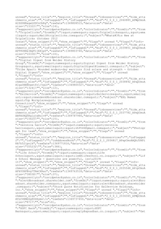unread","status_title":"","msgicon_title":"Unread","inboxservices":"","hide_atta
chments_else":"","isFlagged2":"","isFlagged1":"","mid":"2_0_0_1_2040885_APWpCmoA
AIZGUHRxgwLUDCnCbKg","rawDate":1349808515,"data-size":"data-
size="15322"","size":14},
{"xapparentlyto":"ravidpeter@yahoo.co.in","colorIndicator":"","fromDir":"","from
":"TripleClicks","fromObj":"{"name":"TripleClicks","ema
il":"Mail@tripleclicks.com"}","subject":"What's New at
TripleClicks (October 2012
Issue)","show_snippet1":"","show_snippet":"","flags":" unread ","flags1":"info-
unread","status_title":"","msgicon_title":"Unread","inboxservices":"","hide_atta
chments_else":"","isFlagged2":"","isFlagged1":"","mid":"2_0_0_1_2039851_APapCmoA
APT8UHRe3AQT1jEXjp0","rawDate":1349803740,"data-size":"data-
size="10336"","size":10},
{"xapparentlyto":"ravidpeter@yahoo.co.in","colorIndicator":"","fromDir":"","from
":"Digital Digest from Weider History
Group","fromObj":"{"name":"Digital Digest from Weider History
Group","email":"DigitalDigest@ixsmail.com"}","subject":
"Tribe Apart: Wounded modern-day warriors find solace and strength - October
Digital Digest","show_snippet1":"","show_snippet":"","flags":" unread
","flags1":"info-
unread","status_title":"","msgicon_title":"Unread","inboxservices":"","hide_atta
chments_else":"","isFlagged2":"","isFlagged1":"","mid":"2_0_0_1_2038892_APapCmoA
AIgaUHRRhwetfn/vgLY","rawDate":1349800327,"data-size":"data-
size="13241"","size":12},
{"xapparentlyto":"ravidpeter@yahoo.co.in","colorIndicator":"","fromDir":"","from
":"ExlService","fromObj":"{"name":"ExlService","email&q
uot;:"newsdesk@broadcast.shareholder.com"}","subject":"EXL Named
"Top Workplace" in
Connecticut","show_snippet1":"","show_snippet":"","flags":" unread
","flags1":"info-
unread","status_title":"","msgicon_title":"Unread","inboxservices":"","hide_atta
chments_else":"","isFlagged2":"","isFlagged1":"","mid":"2_0_0_1_2037782_APepCmoA
ABFAUHQhKglyjxBu1v8","rawDate":1349787946,"data-size":"data-
size="15420"","size":15},
{"xapparentlyto":"ravidpeter@yahoo.co.in","colorIndicator":"","fromDir":"","from
":"veronica harris","fromObj":"{"name":"veronica
harris","email":"vh9546@gmail.com"}","subject":"Photogr
aph for team","show_snippet1":"","show_snippet":"","flags":" unread
","flags1":"info-
unread","status_title":"","msgicon_title":"Unread","inboxservices":"","isFlagged
2":"","isFlagged1":"","inAddressBook":"","mid":"2_0_0_1_2036817_APapCmoAAQhJUHPi
KA7h52lpnjk","rawDate":1349771816,"data-size":"data-
size="355232"","size":346},
{"xapparentlyto":"ravidpeter@yahoo.co.in","colorIndicator":"","fromDir":"","from
":"Life School","fromObj":"{"name":"Life
School","email":"lsm@lifeschool.co.in"}","subject":"Lif
e School Message - Questions are powerful, isnu2019t
it?","show_snippet1":"","show_snippet":"","flags":" unread ","flags1":"info-
unread","status_title":"","msgicon_title":"Unread","inboxservices":"","hide_atta
chments_else":"","isFlagged2":"","isFlagged1":"","mid":"2_0_0_1_2035548_APipCmoA
AFkVUHPBvg7TRmCXRao","rawDate":1349763518,"data-size":"data-
size="38038"","size":37},
{"xapparentlyto":"ravidpeter@yahoo.co.in","colorIndicator":"","fromDir":"","from
":"alert@broadcast.shareholder.com","fromObj":"{"name":"alert@bro
adcast.shareholder.com","email":"alert@broadcast.shareholder
.com"}","subject":"Stock Quote Notification for ExlService Holdings,
Inc.","show_snippet1":"","show_snippet":"","flags":" unread ","flags1":"info-
unread","status_title":"","msgicon_title":"Unread","inboxservices":"","hide_atta
chments_else":"","isFlagged2":"","isFlagged1":"","mid":"2_0_0_1_2034345_APWpCmoA
AYLCUHNb6g80SHyms/o","rawDate":1349737450,"data-size":"data-
size="8717"","size":8},
{"xapparentlyto":"ravidpeter@yahoo.co.in","colorIndicator":"","fromDir":"","from
":"HDFC Bank","fromObj":"{"name":"HDFC
Bank","email":"noreply@apnadhan.co.in"}","subject":"Get
 