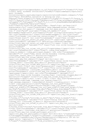 {"xapparentlyto":"ravidpeter@yahoo.co.in","colorIndicator":"","fromDir":"","from
":"Sunil Sethi (LinkedIn Invitations)","fromObj":"{"name":"Sunil
Sethi (LinkedIn
Invitations)","email":"invitations@linkedin.com"}","sub
ject":"Sunil Sethi's invitation is waiting for your
response","show_snippet1":"","show_snippet":"","flags":"","flags1":"","status_ti
tle":"","msgicon_title":"Unread","inboxservices":"","hide_attachments_else":"","
isFlagged2":"","isFlagged1":"","mid":"2_0_0_1_21153_APipCmoAAWDzUFp8tgMThEYNLjo"
,"rawDate":1348107446,"data-size":"data-
size="19025"","size":18}];NC.msgListTmpl= {"base":"<div id="msg-list"
unselectable="on" class="unselectable inbox expanded-content content
{{message_list_full_pane}}" {{message_list_full_pane_else}}> <div class="list-
view " role="grid" aria-label="{{msg_list_header}}" aria-
describedby="page-info" aria-readonly="true" aria-multiselectable="true">
<div role="presentation" class="list-header-wrapper"> <div role="row"
class="list-header list-view-item resize-columns"> <div role="presentation"
class="fixed start"> <div role="columnheader" class="cbox col-hd"
title="{{str_msg_list_select_all_msgs_attr}}"> <span><input type="checkbox"
class="focusable" tabindex="-1" data-action="selectAll-message"
title="{{str_msg_list_select_all_msgs_attr}}"></span> </div> <div
role="columnheader" tabindex="-1" class="info icon col-hd focusable" data-
action="unRead"
title="{{str_msg_list_column_info_attr}}"><span>&nbsp;</span></div> </div>
<div role="presentation" class="flex"> {{show_from_header}}
{{show_to_header}} {{show_participant_header}} <div role="columnheader"
tabindex="-1" class="subj resize col-hd focusable {{sortby_subject}}
{{sortorder_subject_desc}}" data-action="subject"
title="{{str_msg_list_column_subject_attr}}">
<span>{{str_msg_list_subject}}</span> <b></b></div> <div
role="columnheader" tabindex="-1" class="date resize col-hd focusable
{{sortby_date}} {{sortorder_date_desc}}" data-action="date"
title="{{str_msg_list_column_date_attr}}"> <span>{{str_msg_list_date}}</span>
<b></b></div> </div> <div role="presentation" class="fixed end"> <div
role="columnheader" tabindex="-1" class="file col-hd focusable
{{sortby_attachments}} {{sortorder_attachments_desc}} icon" data-
action="attachment" title="{{str_msg_list_column_attachment_attr}}">
<span>&nbsp;</span></div> <div role="columnheader" tabindex="-1"
class="icon flag col-hd focusable {{sortby_flag}} {{sortorder_flagged_desc}}"
data-action="flagged" title="{{str_msg_list_column_flag_attr}}">
<span>&nbsp;</span></div> </div> </div> </div> <div role="presentation"
class="list-view-items {{message_list_loading_class}}">
{{get_message_response}} {{show_msglist_footer}} {{loading_error}} </div>
</div> {{has_pagination}}</div>","message_list_full_pane":"inbox-
fullpane","user_pref_height":"style="height:{{msg_list_height}};width:
{{msg_list_width}};"","message_list_full_pane_else":"{{user_pref_height}}","sor
tby_from":"sortby","sortorder_from_desc":"desc","show_from_header":"<div
role="columnheader" tabindex="-1" class="from resize col-hd focusable
{{sortby_from}} {{sortorder_from_desc}}" data-action="sender"
title="{{str_msg_list_column_from_attr}}"> <span>{{str_msg_list_from}}</span>
<b></b></div>
","sortby_to":"sortby","sortorder_to_desc":"desc","show_to_header":"<div
role="columnheader" tabindex="-1" class="resize from col-hd focusable
{{sortby_to}} {{sortorder_to_desc}}" data-action="recipient"
title="{{str_msg_list_column_to_attr}}"> <span>{{str_msg_list_to}}</span>
<b></b></div>
","sortby_from1":"sortby","sortorder_from_desc1":"desc","show_participant_header
":"<div role="columnheader" tabindex="-1" class="resize from col-hd
{{sortby_from1}} {{sortorder_from_desc1}}" data-action="sender"
title="{{str_msg_list_column_participant_attr}}">
<span>{{str_msg_list_participant}}</span> <b></b></div> ","isUnread":"unread
","isFlagged":"flagged ","flags":"{{isUnread}} {{isFlagged}}","flags1":"info-
{{status}}","inboxservices":"style="background:url({{msgicon}}) 50% 50% no-
repeat scroll !important;" ","hasAttachment":"icon
","flags2":"{{hasAttachment}}","hide_attachments_else":"<div class="file
 