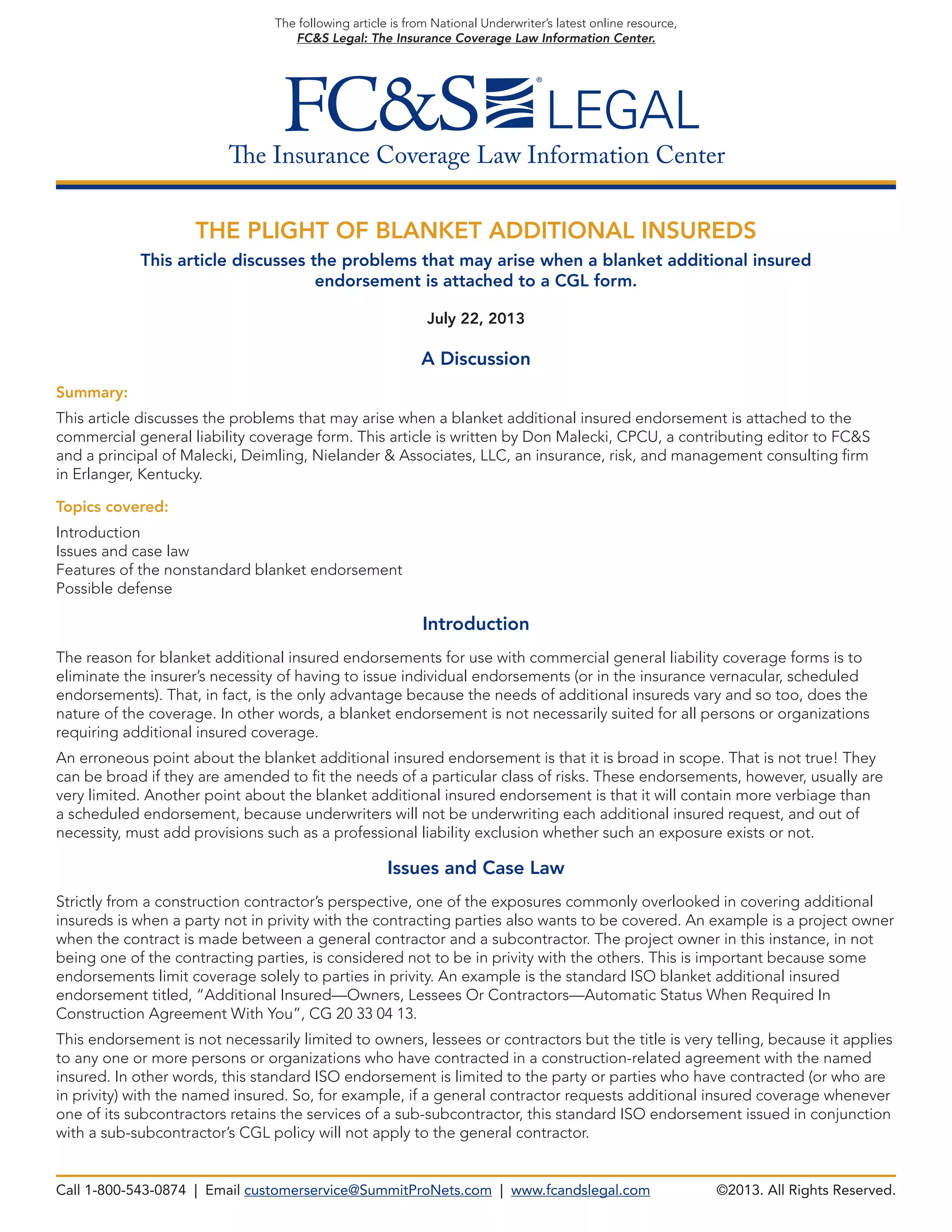 The Plight of Blanket Additional Insureds | PDF