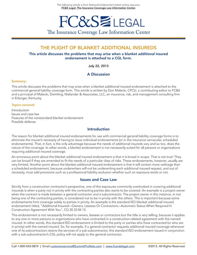 The Plight of Blanket Additional Insureds PDF