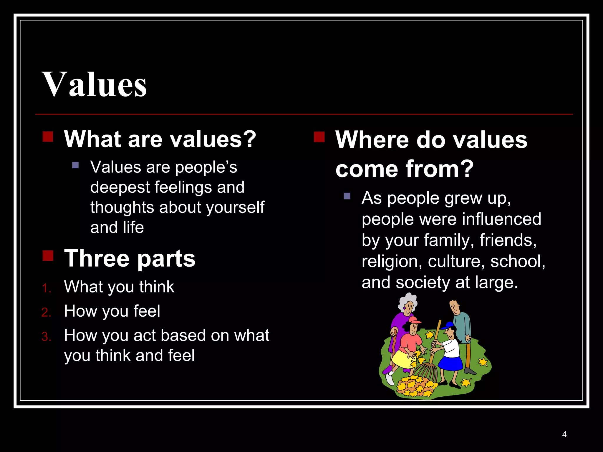Values
    What are values?                 Where do values
        Values are people’s           come from?
         deepest feelings and             As people grew up,
         thoughts about yourself
         and life                          people were influenced
                                           by your family, friends,
    Three parts                           religion, culture, school,
1.   What you think                        and society at large.
2.   How you feel
3.   How you act based on what
     you think and feel



                                                                        4
 