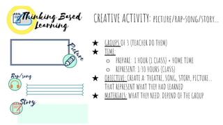 CREATIVE ACTIVITY: picture/rap-song/story...
★ GROUPS OF 3 (TEACHER DO THEM)
★ TIME:
○ PREPARE: 1 HOUR (1 CLASS) + HOME TIME
○ REPRESENT: 1:30 HOURS (CLASS)
★ OBJECTIVE: CREATE A: THEATRE, SONG, STORY, PICTURE…
THAT REPRESENT WHAT THEY HAD LEARNED
★ MATERIALS: WHAT THEY NEED. DEPEND OF THE GROUP
 