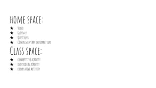 home space:
★ Video
★ Glossary
★ Questions
★ COmplementary information
Class space:
★ competitive activity
★ individual activity
★ cooperative activity
 