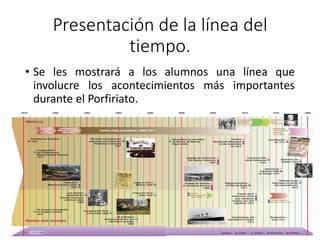 Presentación de la línea del
tiempo.
• Se les mostrará a los alumnos una línea que
involucre los acontecimientos más importantes
durante el Porfiriato.
 