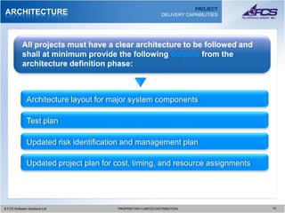 PROJECT
ARCHITECTURE                                                  DELIVERY CAPABILITIES




           All projects must have a clear architecture to be followed and
           shall at minimum provide the following outputs from the
           architecture definition phase:



              Architecture layout for major system components

              Test plan

              Updated risk identification and management plan

              Updated project plan for cost, timing, and resource assignments




© FCS Software Solutions Ltd
  © FCS Software Solutions Ltd         PROPRIETARY-LIMITED DISTRIBUTION
                                         PROPRIETARY-LIMITED DISTRIBUTION             1313
 