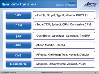 PROJECT
Open Source Applications                                    DELIVERY CAPABILITIES




                        CMS      - Joomla, Drupal, Typo3, Mambo, PHPNuke


                          CRM    - SugarCRM, SplendidCRM, Concersive CRM



                          ERP    - OpenBravo, OpenTaps, Compiere, TinyERP


                        LCMS     - Atutor, Moodle, Dokeos


                          DMS    - Alfresco, KnowledgeTree, Nuxeo5, DocMgr


                E-commerce       - Magento, OsCommerce, ZenCart, XCart

© FCS Software Solutions Ltd
  © FCS Software Solutions Ltd       PROPRIETARY-LIMITED DISTRIBUTION
                                       PROPRIETARY-LIMITED DISTRIBUTION             2626
 