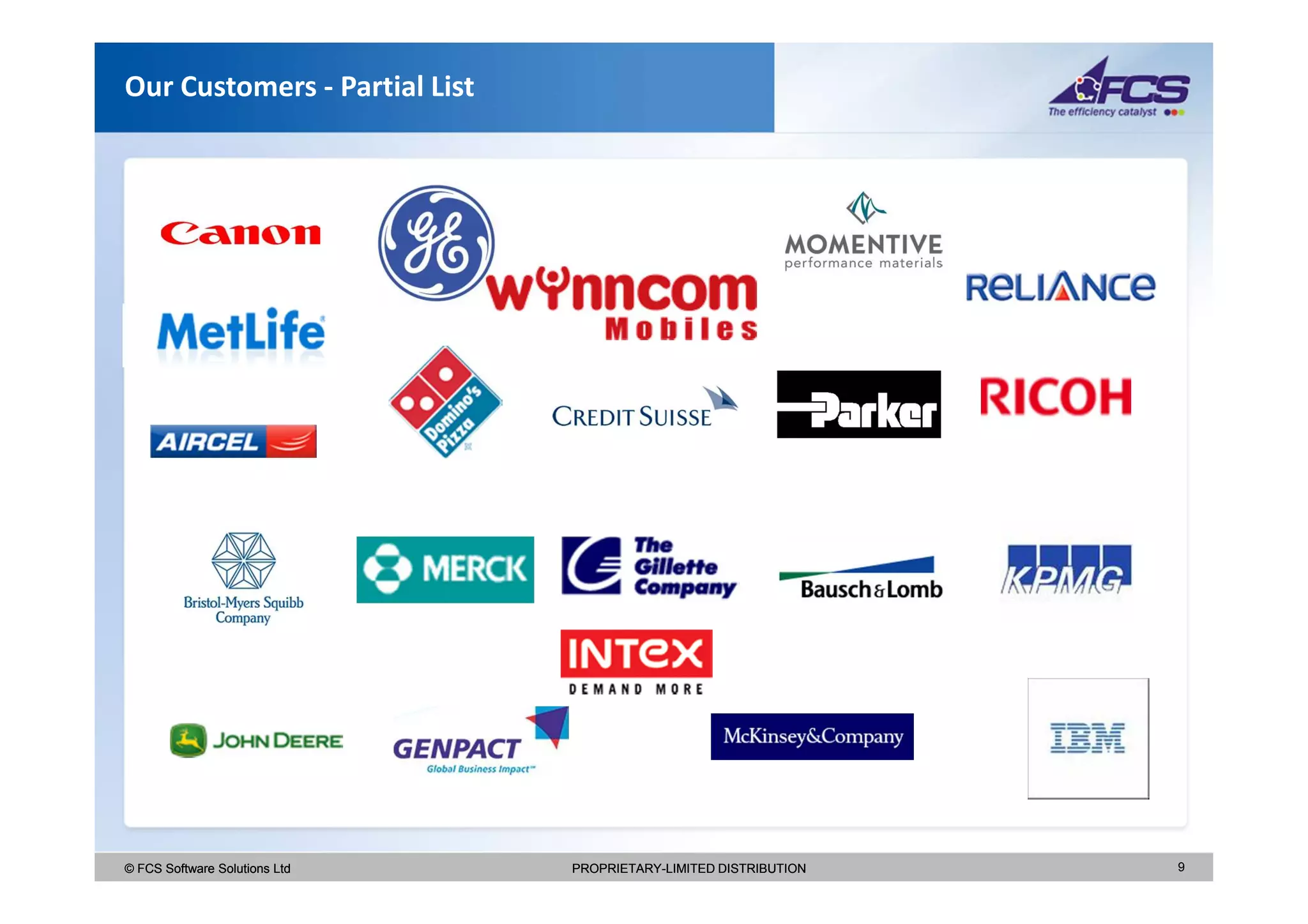 Our Customers - Partial List




   Insert the title of your
   presentation here

© FCS Software Solutions Ltd   PROPRIETARY-LIMITED DISTRIBUTION   9
 