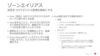 ゾーンエイリアス
別名をつけてデバイス管理を簡単にする
• Alias（別名）はデバイスやデバイスのグ
ループに割り当てる名前
• Aliasを作ることで、デバイスに分かりや
すい名前を付けたり、複数のデバイスを
一つの名前で扱うことができる
• 面倒なエントリーを簡略化したり、直感
的な名前空間を作ることができる
• Zone Aliasesはゾーンオブジェクトの繰
り返しの入力、たとえばPort WWNを簡
略化する
• Alias指定は以下の制約を持つ
‒ 名前
• アルファベットから始まる
• 大文字、小文字を区別した英数字とアンダースコアのみ
• 最大64文字
‒ メンバー
• Domain, Index (Indexはポート番号のこと)
• Node World Wide Name
• Port World Wide Name
‒ Node WWNがゾーンオブジェクトになった場合、
そのデバイスのすべてのポートがゾーンに含まれ
る
‒ Port WWNがゾーンオブジェクトになった場合、
当該ポートだけがゾーンに含まれる
Zoning 10
 