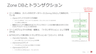 Zone DBとトランザクション
• ゾーン情報は、スイッチ内でデータベース (Zoning DB)として保持され
ている
‒ cfgsizeコマンドでDBサイズを確認
• v2.6.x,v3.1.xは96KB、v3.0.x, v4.0～4.2.xは128KB、v3.2.x, v4.4.x, v5.0～5.1.xは256KB
• v5.2x以降,v6.x以降は1MB
‒ 複数のスイッチで構成されるファブリックのゾーンDBの最大値はDBサイズの
小さいFOSバージョンに合わせる
• ゾーンオブジェクトの作成・編集は、「トランザクション」として管理
される
• 以下のコマンド実行時にトランザクションは「コミット」される
‒ cfgenable/cfgdisable、cfgsave
• コミット時にリモートスイッチとZoning DBを同期
‒ cfgtransshowコマンド
• トランザクションIDと中止 (abort)可能かどうかを表示
‒ cfgtransabortコマンド
• トランザクションを中止 (abort) = 「ロールバック」
Zoning 21
エイリアス (alias) 作成
ゾーン (zone) 作成
コンフィグ (zone config) 作成
コンフィグ有効 (cfgenable)
トランザクションのコミット
トランザクション
のロールバック
(cfgtransabort)
 