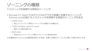 ゾーニングの種類
トラフィックを制御する特別なゾーニング
• Brocade FC Switchではデバイスのアクセス制御に定義するゾーニング
(Normal zone)の他にもトラフィックを制御する用途のゾーニングがある
‒ LSAN zone
• 独立したファブリック間をルーティングする論理SANを構成する
‒ Traffic Isolation zone (TI zone)
• 静的にISL経路を指定する
‒ QoS zone
• 特定のホストとターゲットの間のトラフィックに優先度を設定
※本資料はNormal zoneの説明を目的とする為、本章では他のゾーニングに関して紹介のみとする
Zoning 34
 