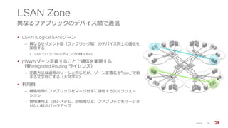 LSAN Zone
異なるファブリックのデバイス間で通信
• LSAN (Logical SAN)ゾーン
‒ 異なるセグメント間（ファブリック間）のデバイス同士の通信を
実現する
• LANでいうL3ルーティングの様なもの
• pWWNゾーン定義することで通信を実現する
（要Integrated Routing ライセンス）
‒ 定義方法は通常のゾーンと同じだが、ゾーン定義名を”lsan_”で始
まる文字列にする（大文字可）
• 利用例
‒ 離隔地間のファブリックをマージせずに通信する災対ソリュー
ション
‒ 管理運用上（別システム、別組織など）ファブリックをマージさ
せない統合バックアップ
Zoning 35
 