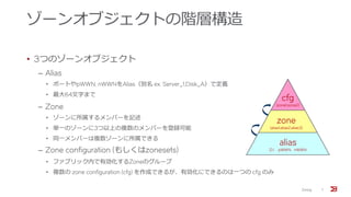 ゾーンオブジェクトの階層構造
• 3つのゾーンオブジェクト
‒ Alias
• ポートやpWWN, nWWNをAlias（別名 ex: Server_1,Disk_A）で定義
• 最大64文字まで
‒ Zone
• ゾーンに所属するメンバーを記述
• 単一のゾーンに3つ以上の複数のメンバーを登録可能
• 同一メンバーは複数ゾーンに所属できる
‒ Zone configuration (もしくはzonesets)
• ファブリック内で有効化するZoneのグループ
• 複数の zone configuration (cfg) を作成できるが、有効化にできるのは一つの cfg のみ
Zoning 7
alias
D,I pWWN nWWN
zone
(alias1;alias2;alias3)
cfg
(zone1;zone2)
 