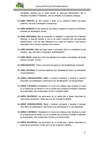 27
FormaciónDeCentrosDeTrabajoInforme
PATRIMONIO; MIENTRAS QUE EL LUCRO CESANTE SE CONFIGURA PRINCIPALMENTE POR LA
PRIVACIÓN DE AUMENTO PATRIMONIAL, POR LA SUPRESIÓN DE LA GANANCIA ESPERADA.
13. DAÑO FORTUITO: EL MAL CAUSADO A OTRO, EN SU PERSONA O BIENES, POR MERO
ACCIDENTE, SIN CULPA NI INTENCIÓN DE PRODUCIRLO.
14. DAÑO INDIRECTO: EL QUE DERIVA DE UNA ACCIÓN U OMISIÓN Y ES AJENO A LA INTENCIÓN O
PREVISIÓN DEL RESPONSABLE DEL MAL.
15. DAÑO IRREPARABLE: MAL NO SUSCEPTIBLE DE ENMIENDA O ATENUACIÓN. EN EL DERECHO
PROCESAL, EL PERJUICIO INFERIDO A UNA DE LAS PARTES LITIGANTES POR UNA RESOLUCIÓN
INTERLOCUTORIA, Y QUE NO CABE ENMENDAR EN EL CURSO DEL PROCESO, O SOLO RESULTA
MODIFICABLE POR EL RECURSO ADMITIDO EN SU CONTRA.
16. DAÑO MATERIAL: DAÑO QUE INCIDE SOBRE LA INTEGRIDAD FÍSICA O EL PATRIMONIO DE UNA
PERSONA, Y QUE, POR TANTO, ES APRECIABLE ECONÓMICAMENTE.
17. DAÑO MORAL: LESIÓN QUE SUFRE UNA PERSONA EN SU HONOR O REPUTACIÓN, POR ACCIÓN
DOLOSA O CULPABLE DE OTRA.
18. DAÑO RESARCIBLE: TODO EL QUE PUEDE SER OBJETO DE UNA INDEMNIZACIÓN PECUNIARIA.
19. DAÑO UNIVERSAL: EL PERJUICIO INMEDIATO QUE EXPERIMENTAN TODOS LOS INTEGRANTES
DE UNA COMUNIDAD.
20. DAÑOS COMPENSATORIOS: DAÑOS E INTERESES DESTINADOS A REPARAR EL PERJUICIO
RESULTANTE DEL CUMPLIMIENTO DEFECTUOSO O DEL INCUMPLIMIENTO DE UNA OBLIGACIÓN.
21. DAÑOS E INTERESES: TÉCNICAMENTE SE UTILIZA ESTA FÓRMULA PARA REFERIRSE AL VALOR
DE LA PÉRDIDA QUE HA SUFRIDO Y EL DE LA UTILIDAD QUE HA DEJADO DE PERCIBIR EL ACREEDOR
DE LA OBLIGACIÓN, POR LA INEJECUCIÓN DE ÉSTA A SU DEBIDO TIEMPO.
22. DAÑOS RECIPROCOS: LOS RESULTANTES DE LA ACCIÓN MÁS O MENOS SIMULTÁNEA DE
QUIEN CAUSA UN PERJUICIO A OTRO, QUE A SU VEZ LO INFIERE AL PRIMERO.
23. DAÑOS COMPENSATORIOS: DAÑOS E INTERESES DESTINADOS A REPARAR EL PERJUICIO
RESULTANTE DEL CUMPLIMIENTO DEFECTUOSO O DEL INCUMPLIMIENTO DE UNA OBLIGACIÓN.
24. DAÑOS E INTERESES: TÉCNICAMENTE SE UTILIZA ESTA FÓRMULA PARA REFERIRSE AL VALOR
DE LA PÉRDIDA QUE HA SUFRIDO Y EL DE LA UTILIDAD QUE HA DEJADO DE PERCIBIR EL ACREEDOR
DE LA OBLIGACIÓN, POR LA INEJECUCIÓN DE ?ÉSTA A SU DEBIDO TIEMPO.
25. DAÑOS RECIPROCOS: LOS RESULTANTES DE LA ACCIÓN MÁS O MENOS SIMULTÁNEA DE
QUIEN CAUSA UN PERJUICIO A OTRO, QUE A SU VEZ LO INFIERE AL PRIMERO.
 