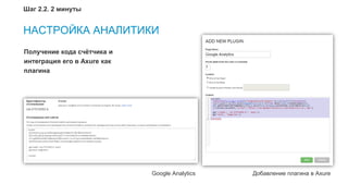 13
НАСТРОЙКА АНАЛИТИКИ
Получение кода счётчика и
интеграция его в Axure как
плагина
Google Analytics Добавление плагина в Axure
Шаг 2.2. 2 минуты
 