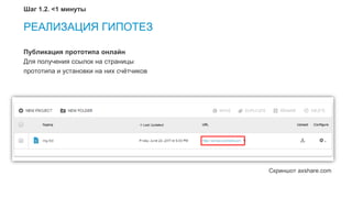 10
РЕАЛИЗАЦИЯ ГИПОТЕЗ
Публикация прототипа онлайн
Для получения ссылок на страницы
прототипа и установки на них счётчиков
Скриншот axshare.com
Шаг 1.2. <1 минуты
 