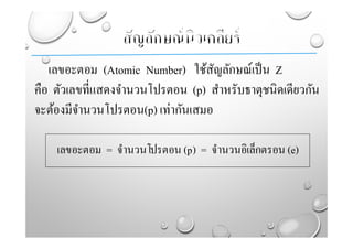 เลขอะตอม (Atomic Number) ใช้สัญลักษณ์เป็น Z
คือ ตัวเลขที่แสดงจํานวนโปรตอน (p) สําหรับธาตุชนิดเดียวกัน
จะต้องมีจํานวนโปรตอน(p) เท่ากันเสมอ
เลขอะตอม = จํานวนโปรตอน (p) = จํานวนอิเล็กตรอน (e)
 