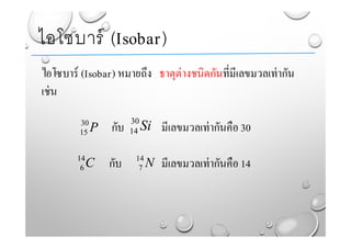 ไอโซบาร์ (Isobar) หมายถึง ธาตุต่างชนิดกันที่มีเลขมวลเท่ากัน
เช่น
กับ มีเลขมวลเท่ากันคือ 30
กับ มีเลขมวลเท่ากันคือ 14
ไอโซบาร์ (Isobar)
P30
15
Si30
14
C14
6 N14
7
 