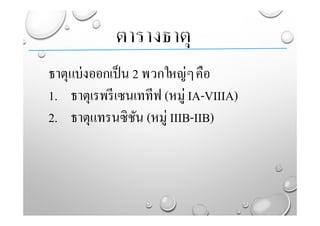 ธาตุแบ่งออกเป็น 2 พวกใหญ่ๆคือ
1. ธาตุเรพรีเซนเททีฟ (หมู่ IA-VIIIA)
2. ธาตุแทรนซิชัน (หมู่ IIIB-IIB)
 