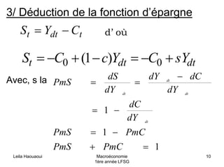Leila Haouaoui Macroéconomie
1ère année LFSG
10
3/ Déduction de la fonction d’épargne
tdtt CYS −= d’ où
dtdtt sYCYcCS +−=−+−= 00 )1(
1
1
1
=+
−=
−=
−
==
PmCPmS
PmCPmS
dY
dC
dY
dCdY
dY
dS
PmS
dt
dt
dt
dt
Avec, s la
 